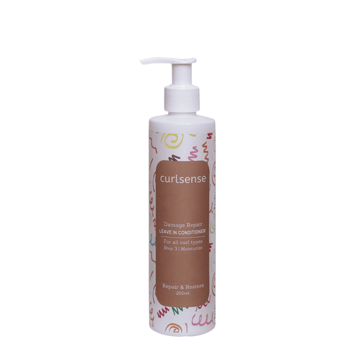 Damage Repair Leave-In Conditioner for curly hair in sleek packaging, highlighting repair, frizz control, shine, and definition benefits.