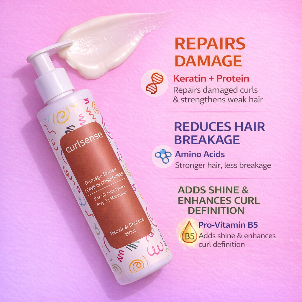 Damage Repair Leave-In Conditioner for curly hair in sleek packaging, highlighting repair, frizz control, shine, and definition benefits.