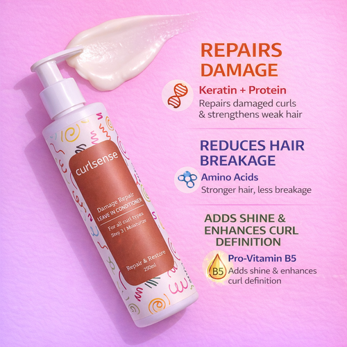 Damage Repair Leave-In Conditioner for curly hair in sleek packaging, highlighting repair, frizz control, shine, and definition benefits.